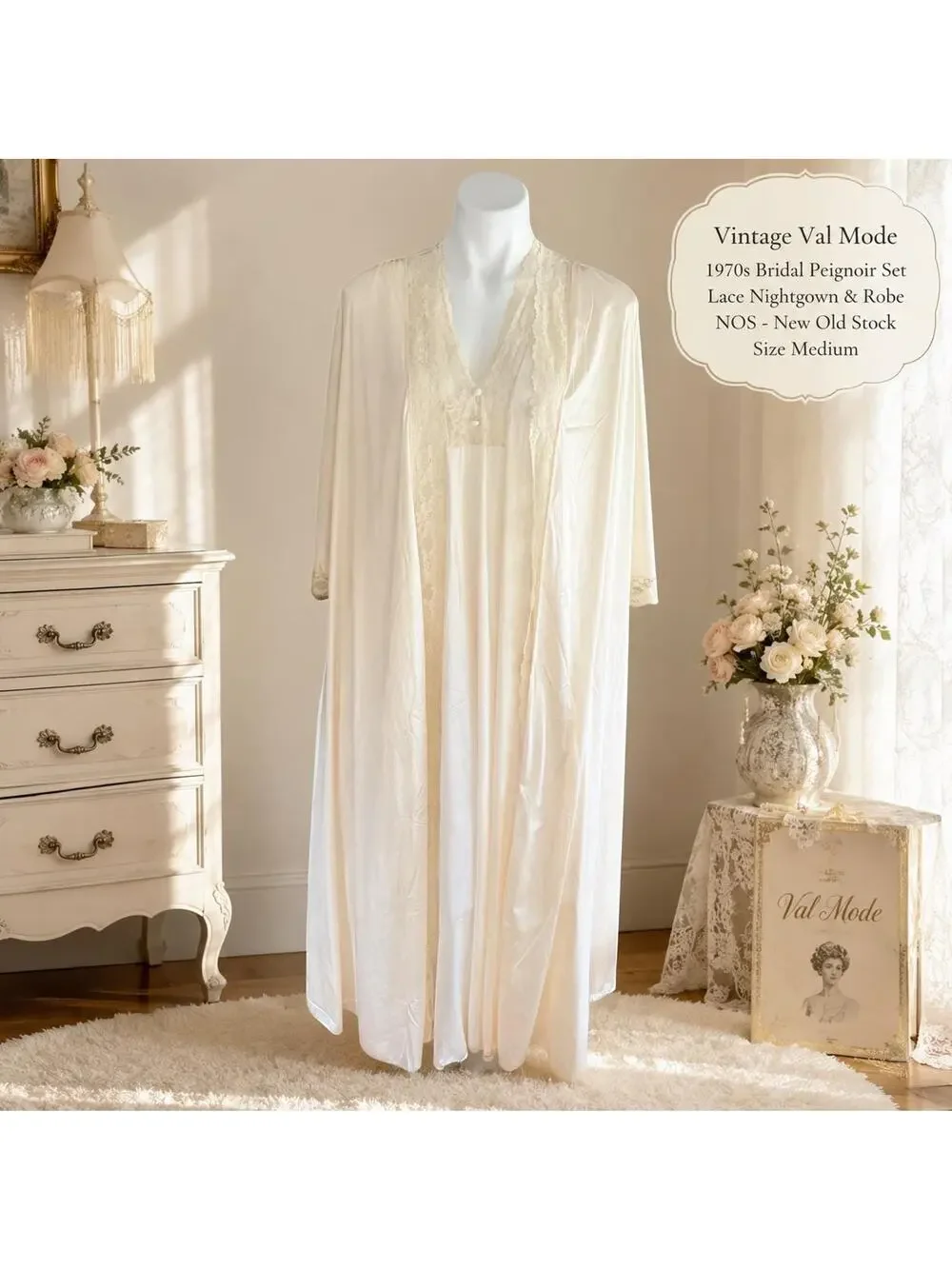 Vintage Val Mode Cream Nylon Peignoir Set Lace Nightgown & Robe Medium 1970s - Picture 1 of 12